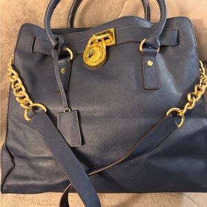 Michael Kors Navy Saffiano Satchel with Gold Hardware and Chain Strap